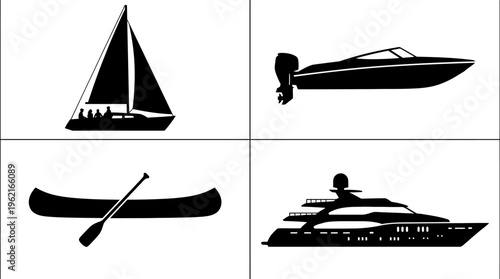 Silhouette watercraft set: sailboat, motorboat, canoe, luxury yacht, showcasing diverse nautical designs, leisure, sport, transportation, maritime artistry.