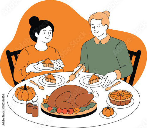 Couple Sharing Thanksgiving Dinner With Turkey and Pumpkin Pie, Flat Illustration