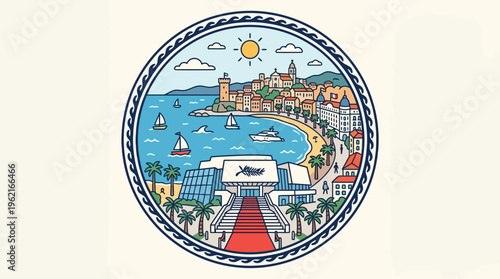 Coastal Scene of Cannes France in a Decorative Badge
