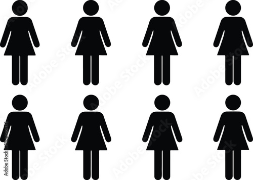 Eight black silhouette female figures standing upright, representing generic human forms or restroom signs, isolated on a clean white background, ideal for infographics and public signage.