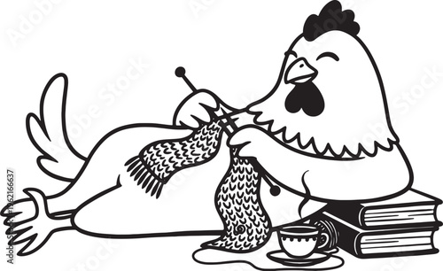 chicken knitting sweater with books and tea cup