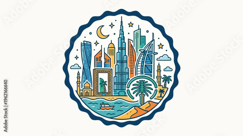 Dubai Skyline Badge Vector Graphic with Famous Landmarks