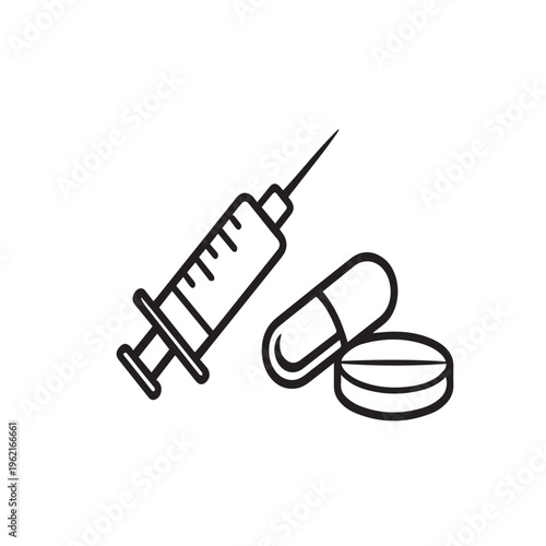 Medical Essentials: A stark, simple illustration of a syringe and two tablets, representing the core elements of medical treatment.