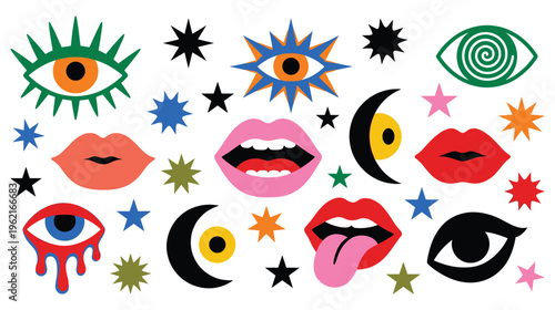 Modern pop art stickers with eyes mouth and colorful star elements.