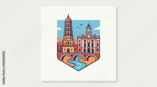 Stylized Cityscape Emblem on White Background