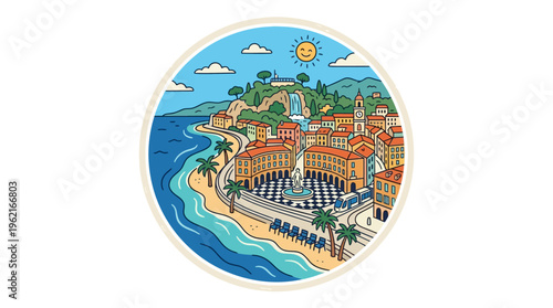 Coastal Town Scene in a Circular Design