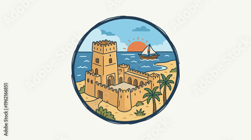 Coastal Fortress with Sailing Boat at Sunset