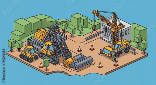 Isometric Construction Site with Heavy Machinery and Building Materials.