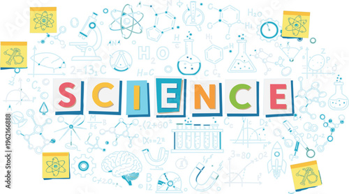 Colorful Science Education Banner with STEM Icons, Laboratory Equipment, Chemistry Symbols and Scientific Elements for School Learning, Research Presentation and Educational Design
