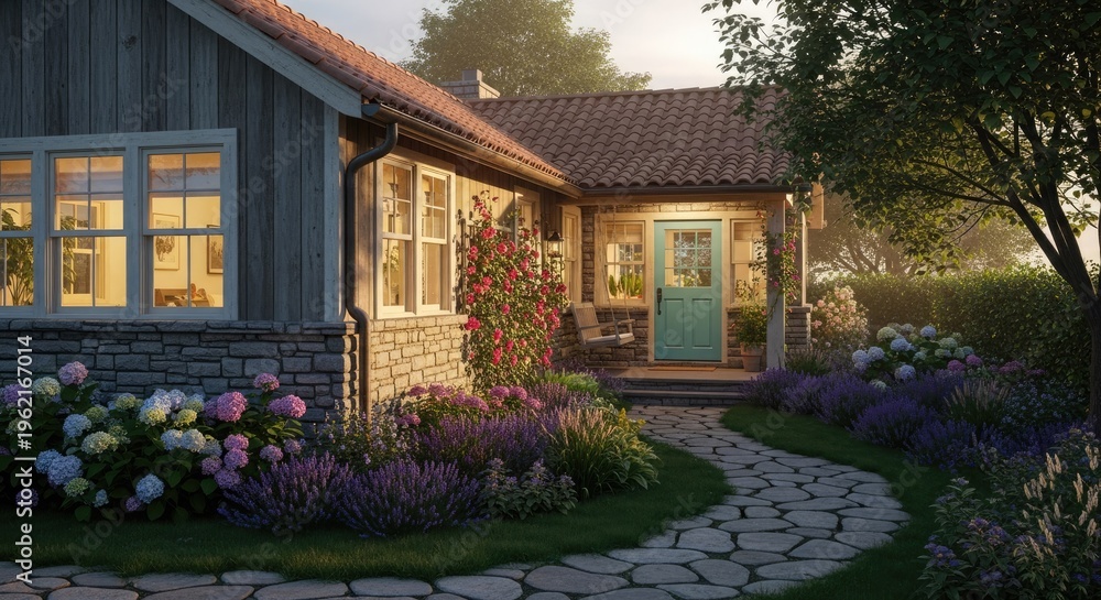 Fototapeta premium Charming cottage exterior with stone pathway and vibrant garden daylight scene