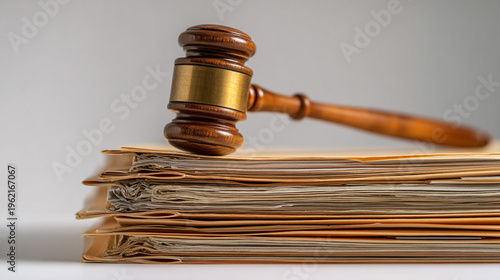 Wooden gavel on stack of legal documents court