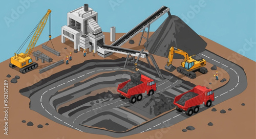 Isometric View of Open-Pit Mining Operation with Heavy Machinery.
