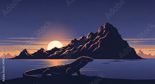 Silhouette of a Seal Against a Dramatic Sunset Landscape.