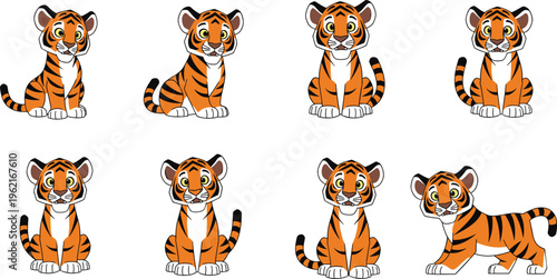 Cute tiger cub vector illustration set showing multiple poses with playful expressions, sitting and standing tigers for children’s books, wildlife education, or decorative digital use