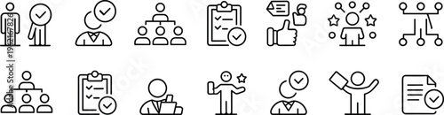 Black line of people and business concepts line black and white people checkmarks clipboards