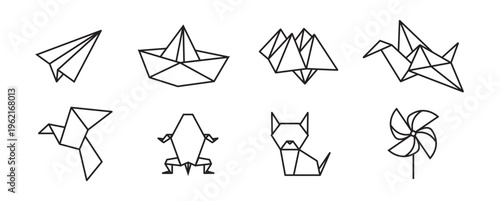 origami paper fold icon cute plane, ship, animals bird drawing