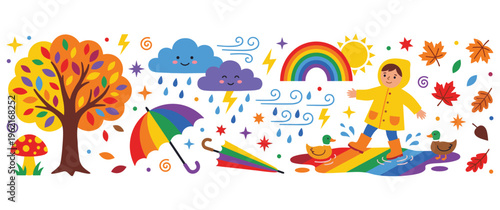 Autumn vector illustration set with a boy in a raincoat and umbrella.