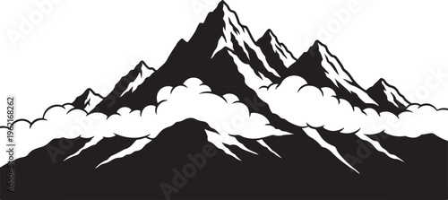 Mountain range silhouette, black and white vector, mountain peaks, cloudy landscape