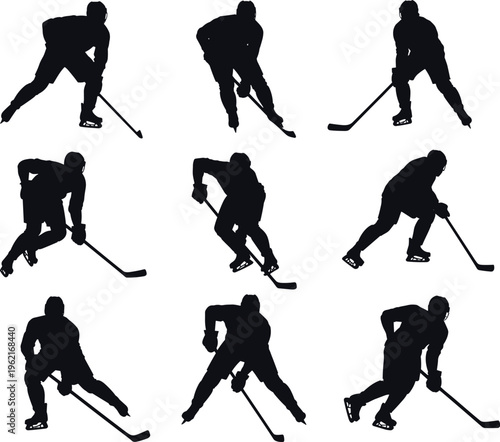 Photography Ice hockey player silhouettes collection featuring athletes skating, stick handl