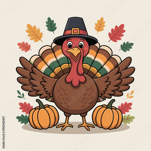 Cute Cartoon Pilgrim Turkey with Pumpkins and Autumn Leaves