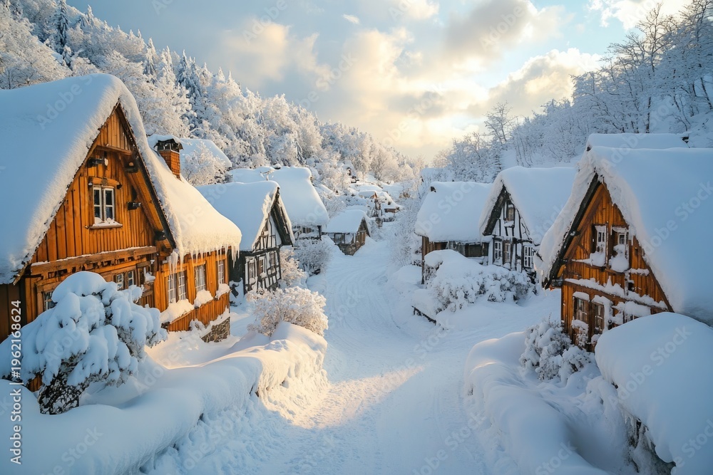 Fototapeta premium Scenic winter village with snow-laden rooftops and soft evening light