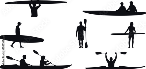 Kayak and surf silhouettes collection featuring people paddling, carrying boards and water sport activities, black human figures isolated for adventure, recreation and outdoor design