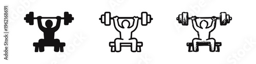 Weightlifting Person on Bench Press Icon Set - Strength Training Barbell Exercise Symbols