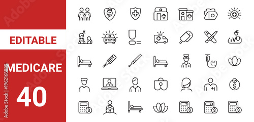 Medical icon set. Containing healthcare, doctor, hospital, ambulance, clinic, pharmacy, medicine, nurse, pills, treatment, surgery and more. 