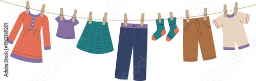 Clothes hanging on rope vector illustration, laundry drying garments collection colorful household lifestyle design