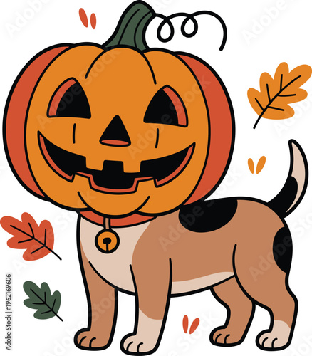 Cute dog wearing a jack-o-lantern head with autumn leaves