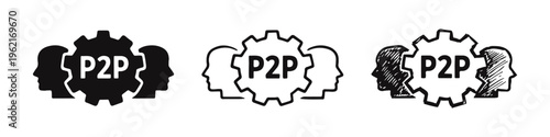 Peer-to-Peer (P2P) Network and Collaboration Icon Set with Gear and People | Decentralized System
