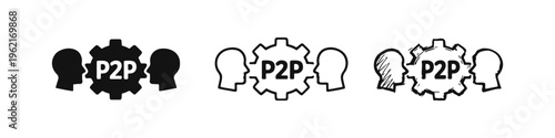 P2P Collaboration and Network Icon Set with Gear and People Silhouettes