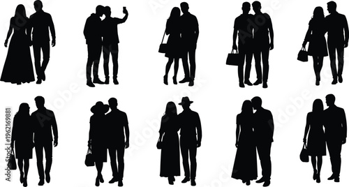 WebRomantic Couple Silhouettes Collection Featuring Men and Women Walking Holding Hands Taking Selfies and Standing Together for Lifestyle Vector Design