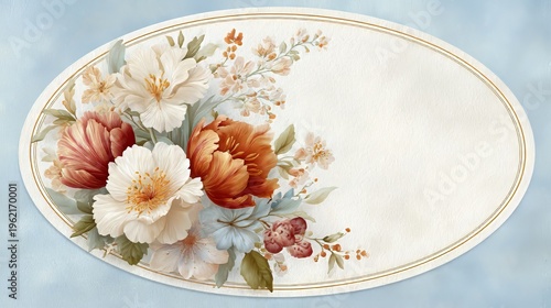 Elegant oval frame adorned with a lush bouquet of cream and terracotta peonies. Soft, vintage-style botanical illustration on a light textured background with ample space for custom text.