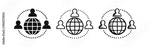 Global Peer-to-Peer Network and Community Icon Set with Globe and People