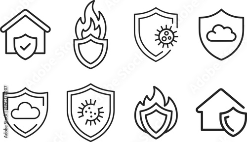 Collection of security and protection icons, featuring shields safeguarding homes, fire, viruses, and clouds, symbolizing data, physical, and digital safety measures for comprehensive risk management.