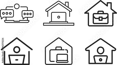 Set of six minimalist line art icons representing remote work and home office concepts, including communication, laptops, briefcases, and people working from home, symbolizing flexibility