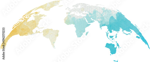 Artistic Polygonal World Map Illustration with Blue and Gold Watercolor Texture on White Background
