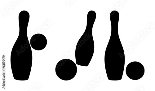 Bowling pin and ball silhouette set with black line art design featuring bowling, sports, entertainment with minimalism and vector