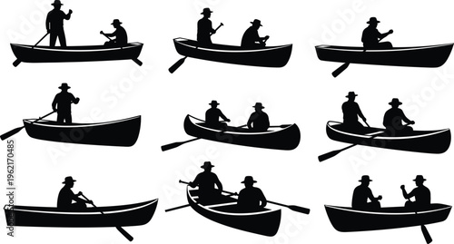 WebRowing Boat Silhouette Set Featuring Men in Canoes and Kayaks with Paddles and Oars for Teamwork Outdoor Adventure and Fishing