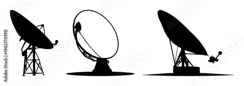 Satellite dish set with solid black silhouette of a precision ground station dish featuring telecommunications, satellite, dish with antennas and global technology