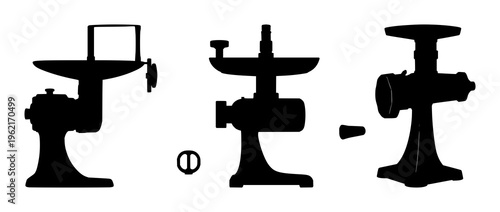 Meat grinder set with solid black silhouette of industrial manual tool design featuring heavy metal, vintage workhorse, simple line art with raw meat processing and kitchen equipment