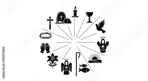 Christianity symbols and icons arranged in a circle on white background