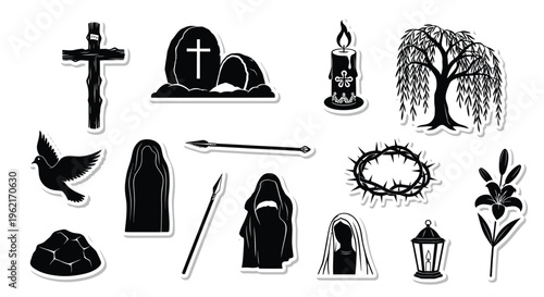 Eerie black and white christian symbols and objects on white background