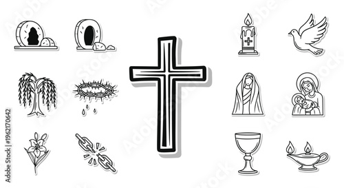 Christianity symbols and icons cross dove holy family communion elements on white background