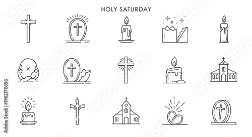 Holy saturday icons set including cross church candle and easter egg in line style for easter and christianity