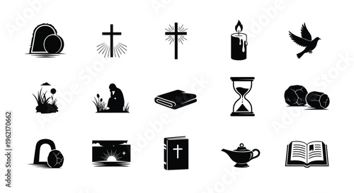 Various religious symbols and objects for spirituality and faith on white background