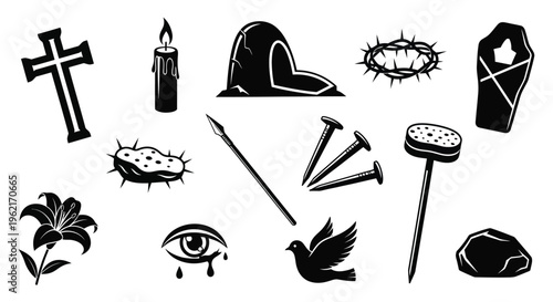 Various religious and symbolic icons including crosses hearts and thorns on white background