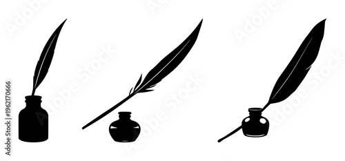 Quill and inkpot set with black silhouette design featuring writing tools, classic decor, stationery with ink and feathers