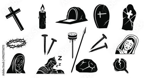 Christianity symbols and objects for easter lent and good friday including crosses nails and holy figures in black and white